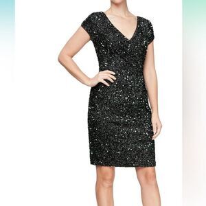 SLNY Black Sequin Cocktail Party Dress V-Neck Sz 6 NEW